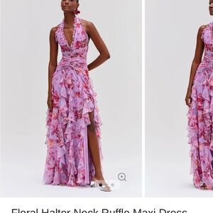 Ruffled Halter Floral Maxi Dress in Lavender Pink